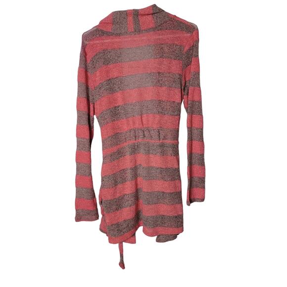 Y2K Preppy Pink Brown Striped Knitted Belted Medium Length Sweater Cardigan Lg - Picture 3 of 7
